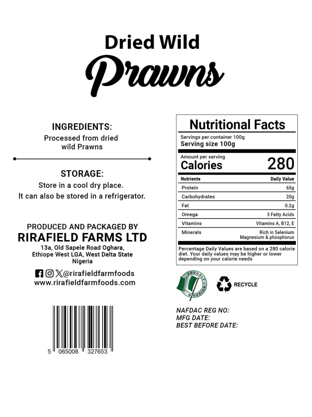 RIRAFIELD FARM FOODS Premium Quality Dried Wild Prawns, 100g